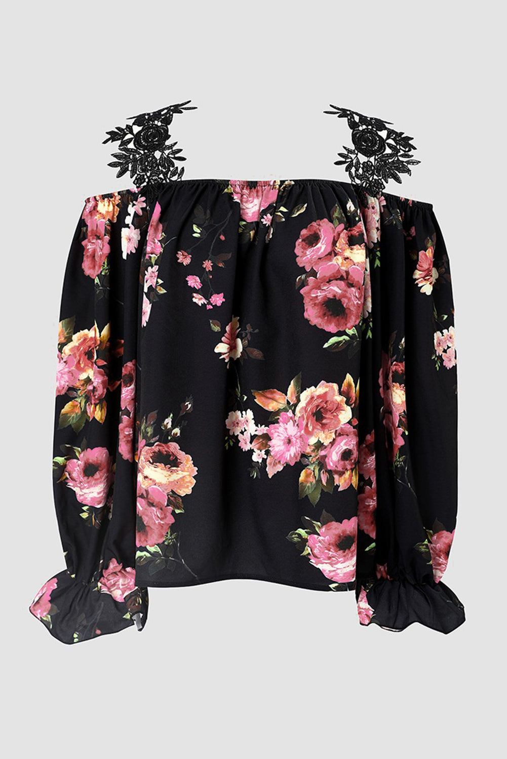 Black Floral Print Lace Patchwork Loose Cold Shoulder Blouse - LA Grand