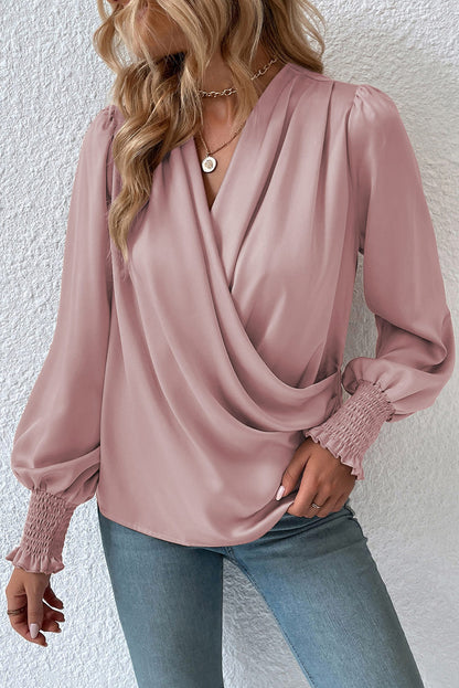 Khaki Solid Surplice Neck Shirred Cuffs Draped Blouse - LA Grand