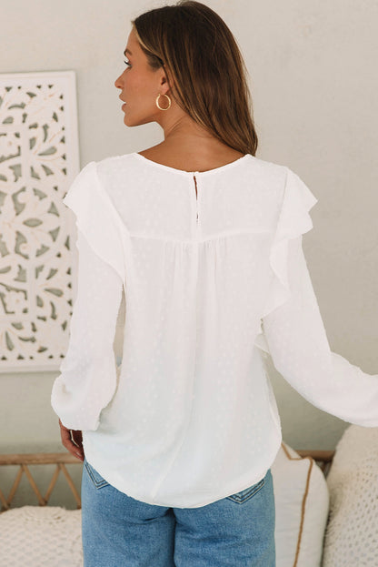 Sky Blue Lace Eyelet Ruffle Shoulder Long Sleeve Blouse - LA Grand