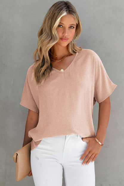 Pink Solid V Neck Short Sleeve Blouse - LA Grand