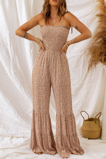 Khaki Thin Straps Smocked Bodice Wide Leg Floral Jumpsuit - LA Grand