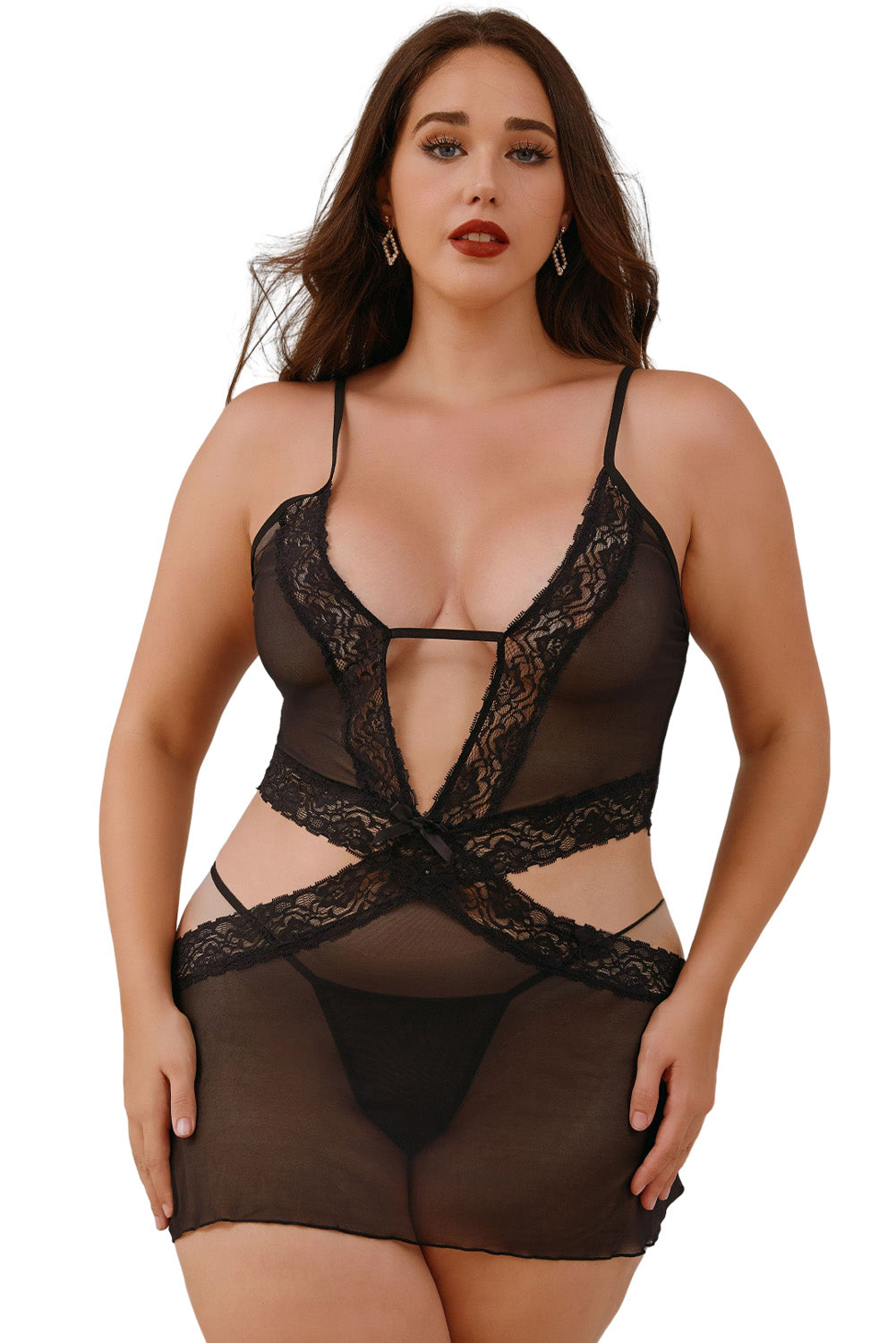 Black Lace Mesh Strappy Plunging Neck Plus Size Chemise - LA Grand