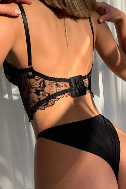 Black Sheer Lace Bustier and Thong Lingerie Set - LA Grand