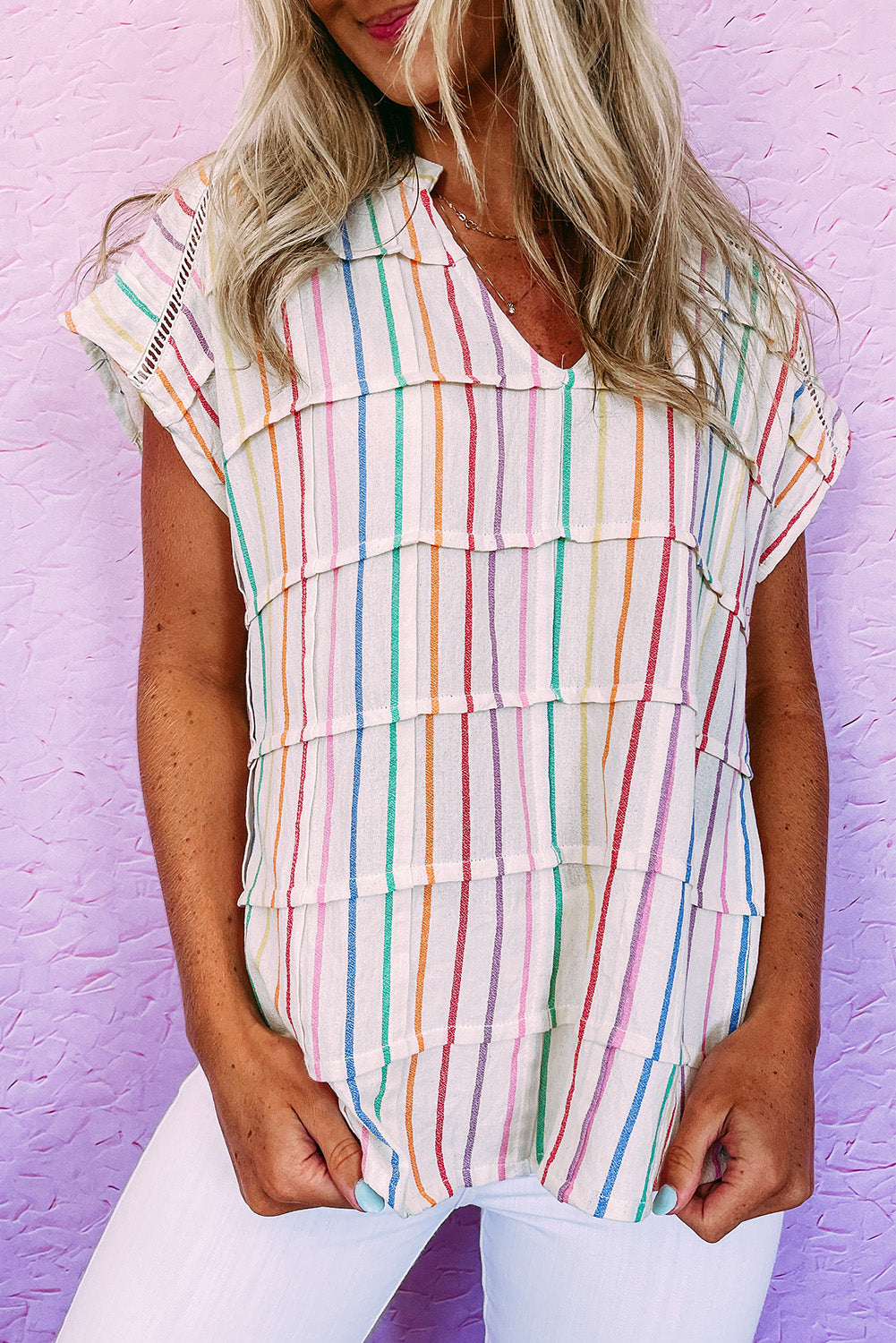 Multicolor Striped Pintuck Tiered Cap Sleeve Blouse - LA Grand