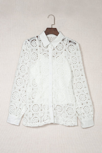 White Crochet Lace Hollow-out Turn-down Collar Shirt - LA Grand