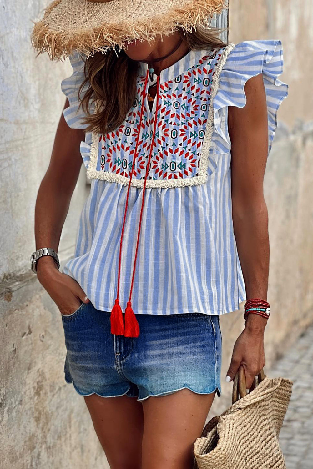 Sky Blue Stripe Geo Pattern Embroidered Tassel Flutter Blouse - LA Grand