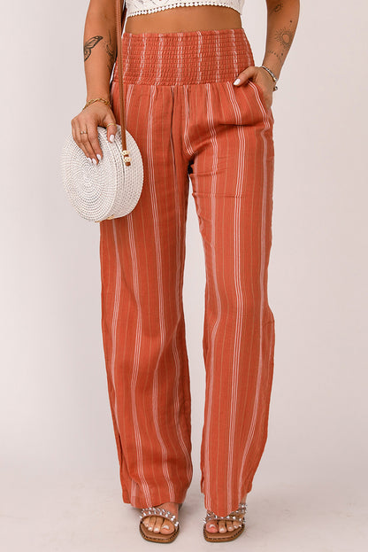 Orange Striped Shirred High Waist Straight Leg Pants - LA Grand