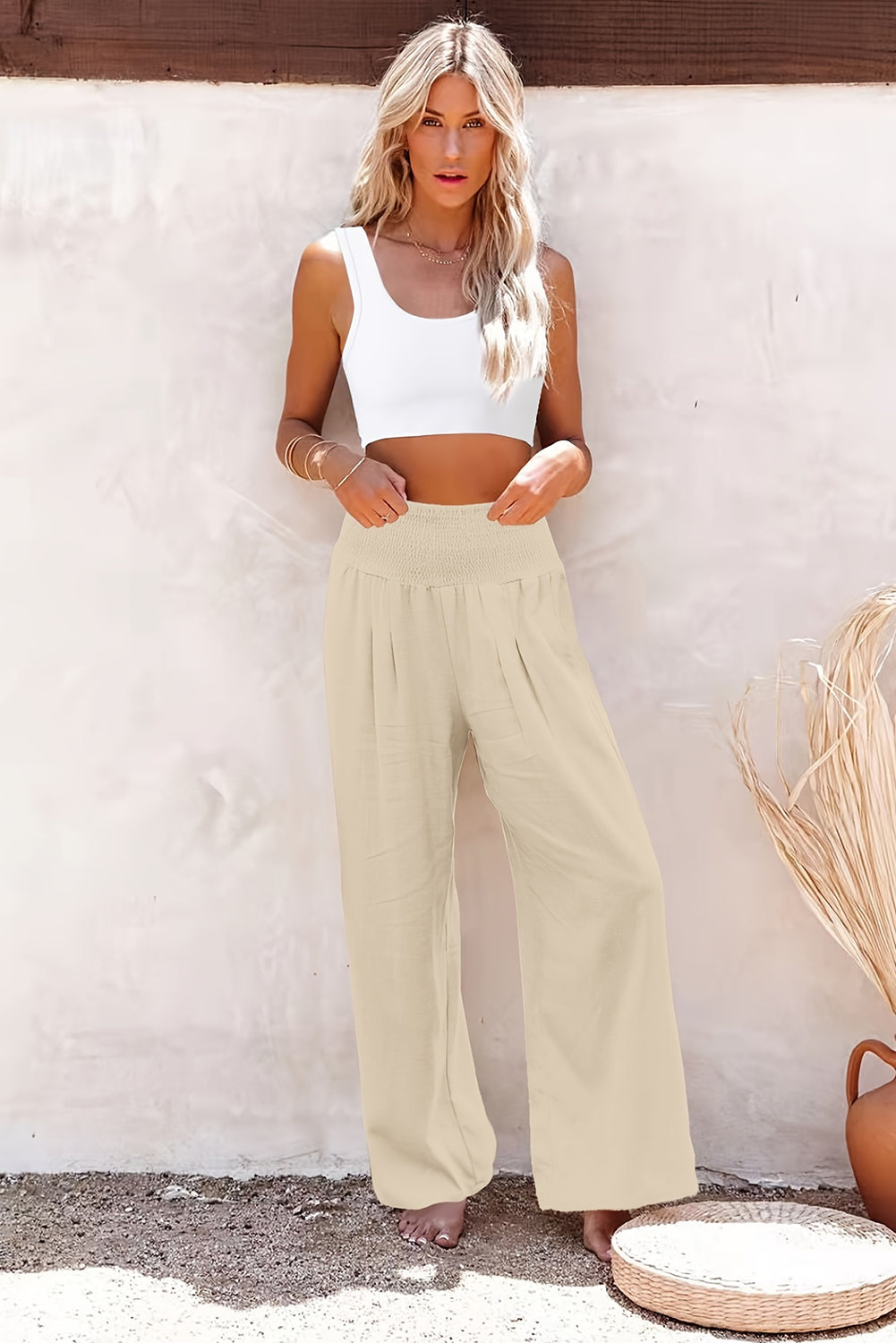 Sky Blue Smocked Wide Waistband High Waist Wide Leg Pants - LA Grand