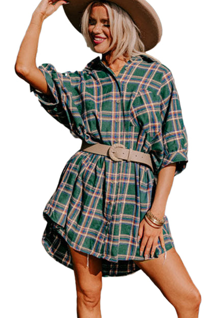 Green Oversized Plaid Half Sleeve Tunic Shirt - LA Grand