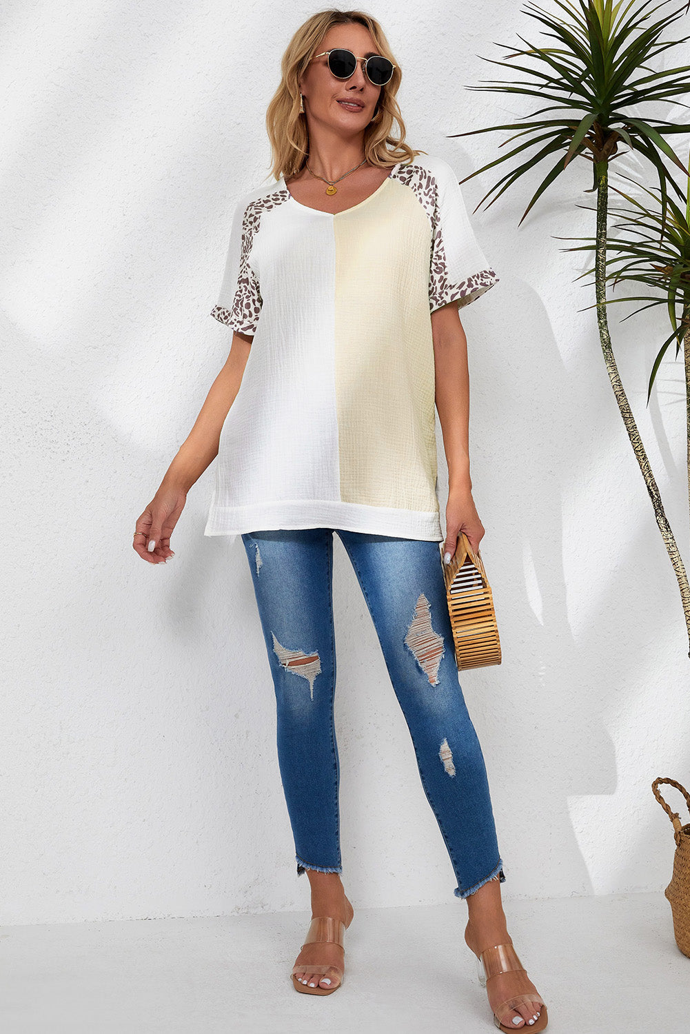 White Distressed Color Patchwork Leopard Trim Blouse - LA Grand