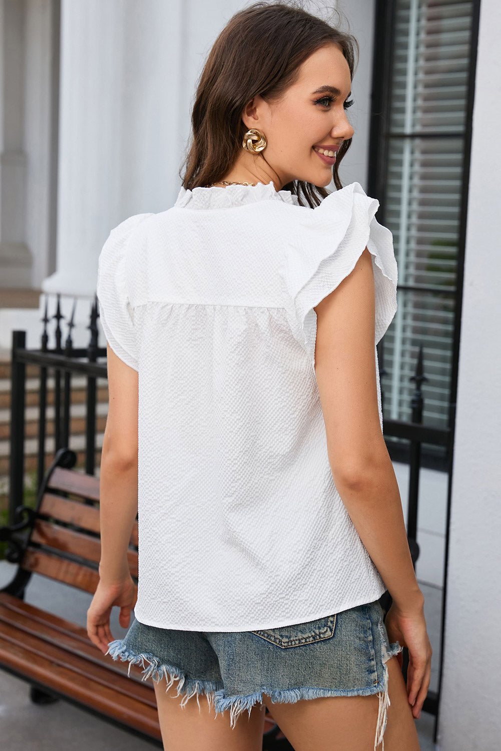 White Ruffle Accent Flutter Sleeve Notch Neck Top - LA Grand