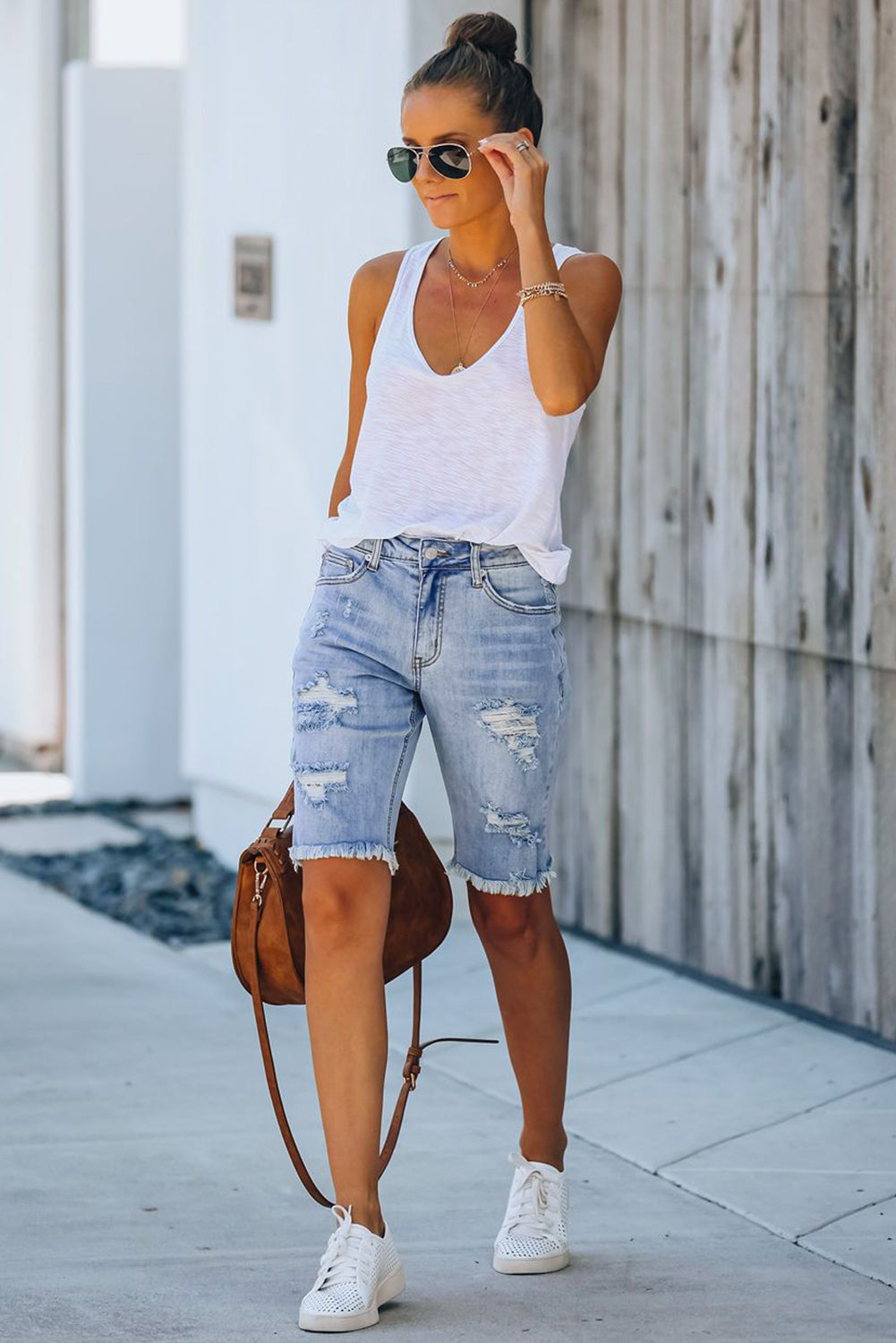 Light Blue Distressed Denim Bermuda Shorts - LA Grand