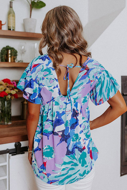 Sky Blue Abstract Print V Neck Flutter Sleeve Blouse - LA Grand