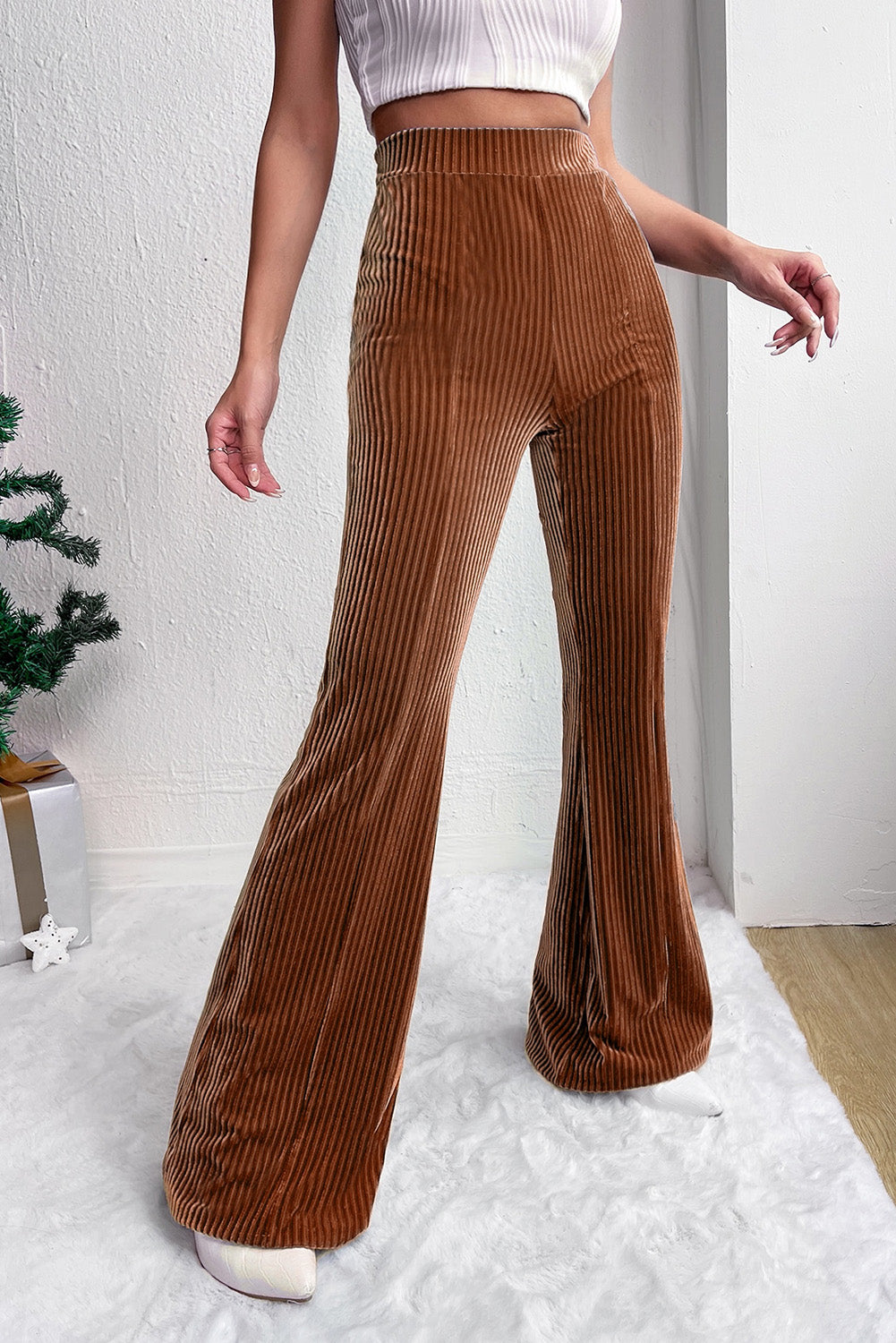 Chestnut Solid Color High Waist Flare Corduroy Pants - LA Grand