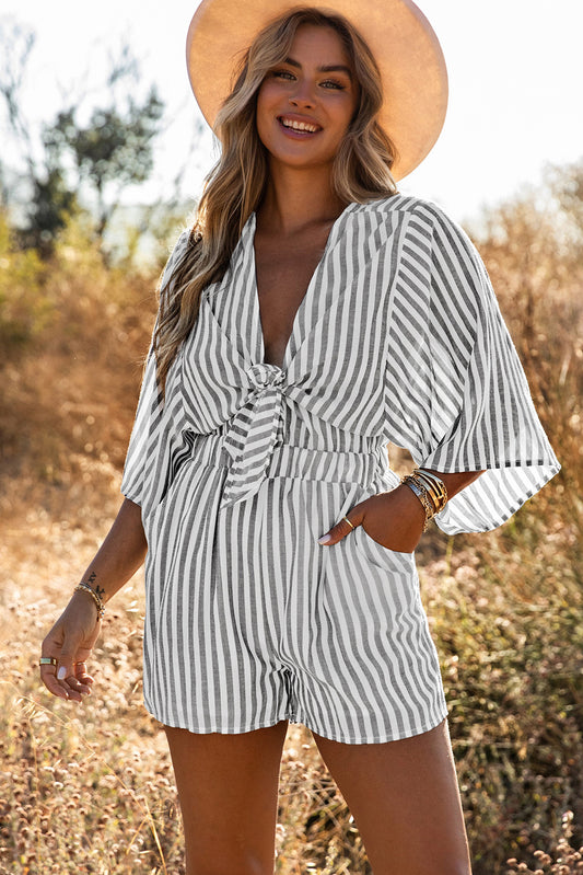 Gray 3/4 Wide Kimono Sleeves Tie Front Striped Romper with Pockets - LA Grand