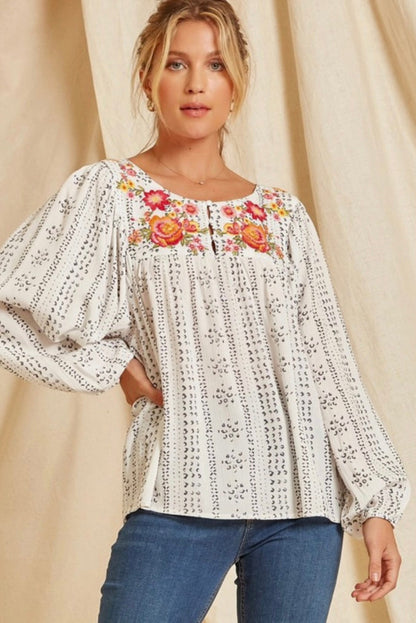 Beige Long Sleeve Embroidered Print Blouse - LA Grand