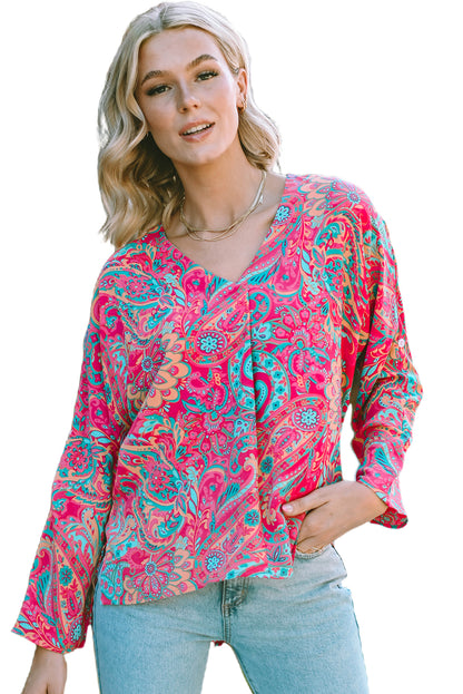 Rose Red Paisley Print Tab Sleeve V-Neck Blouse - LA Grand