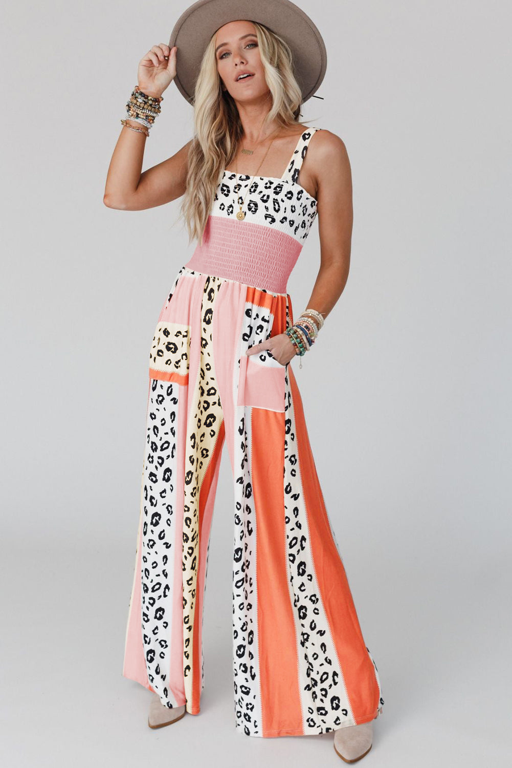 Pink Leopard Color Block Mix Print Pocketed Jumpsuit - LA Grand