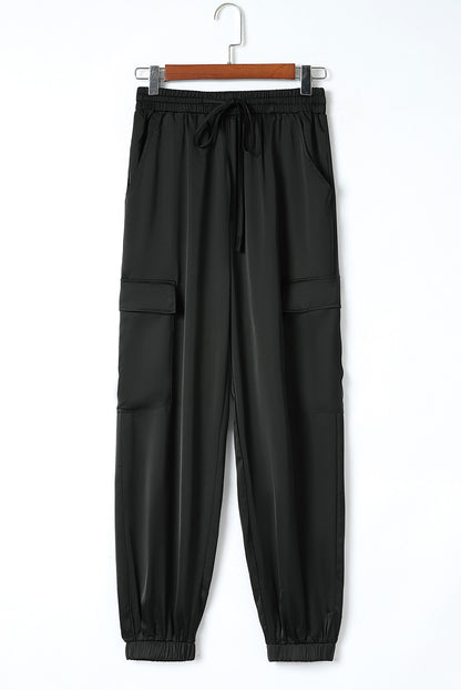 Rose Satin Pocketed Drawstring Elastic Waist Pants - LA Grand