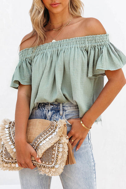 Green Off Shoulder Textured Ruched Ruffle Blouse - LA Grand