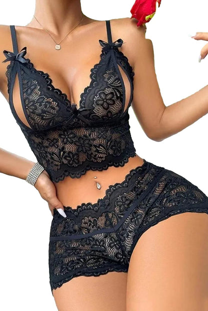 Black Delicate Lace Cutout Bowknot Decor Lingerie Set - LA Grand