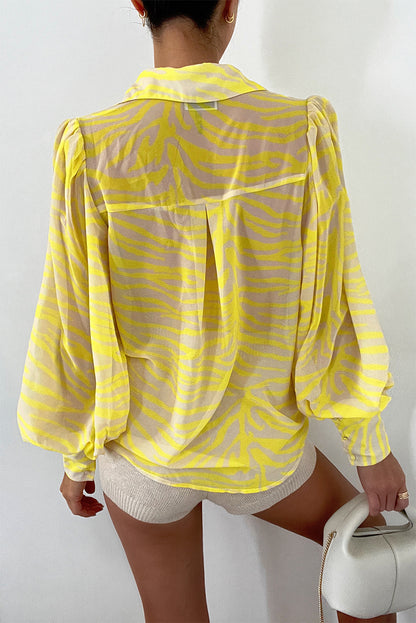 Yellow Zebra Stripes Print Lantern Sleeve Shirt - LA Grand