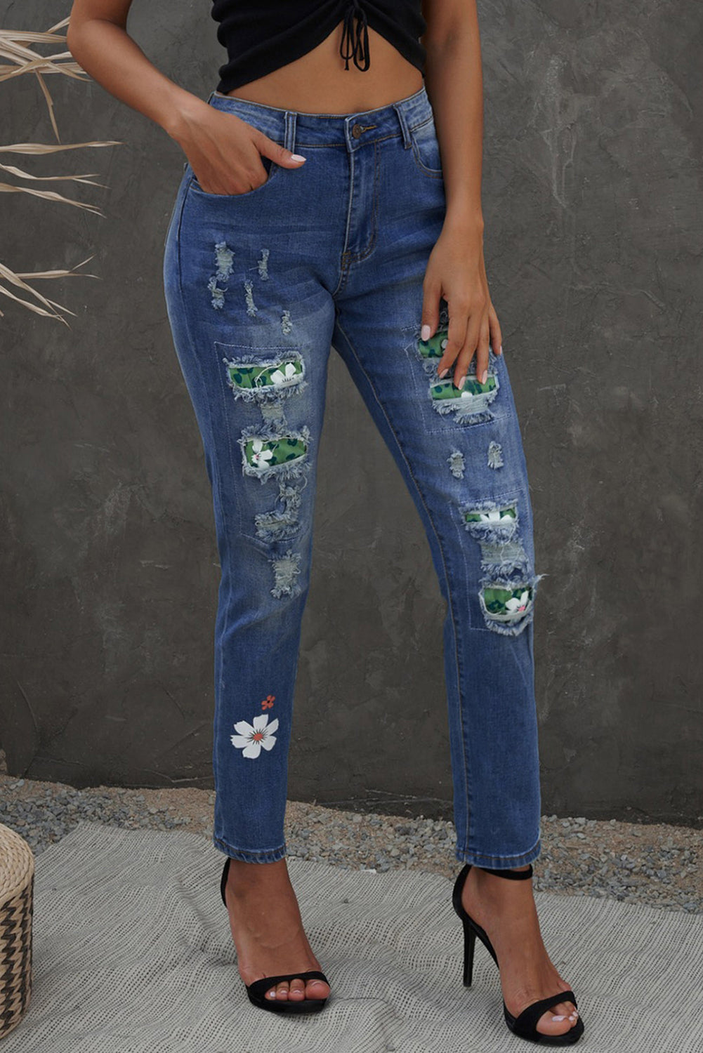 Sky Blue Floral Leopard Print Patchwork Distressed High Waist Jeans - LA Grand