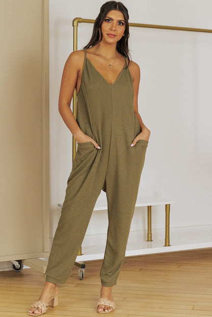 Blue Textured Sleeveless V-Neck Pocketed Casual Jumpsuit - LA Grand