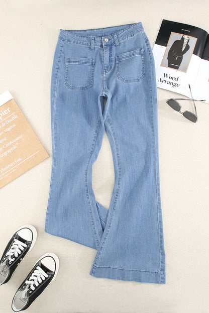 Sky Blue Vintage Casual Pocket Flared Jeans - LA Grand