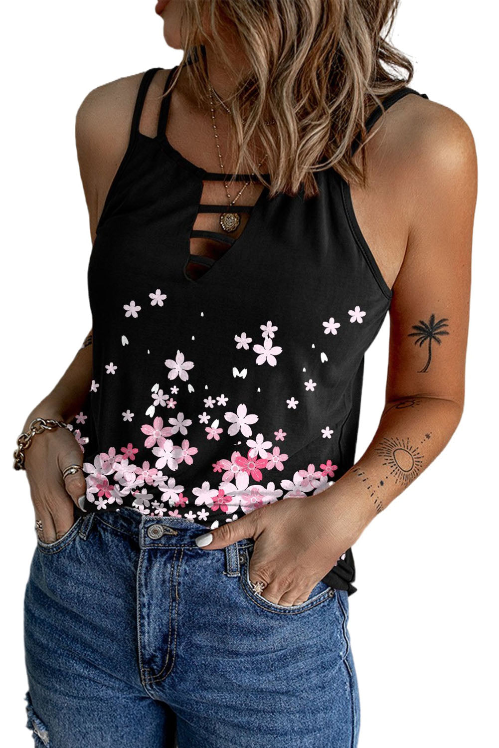 Black Floral Print Cut Out Spaghetti Strap Tank Top - LA Grand