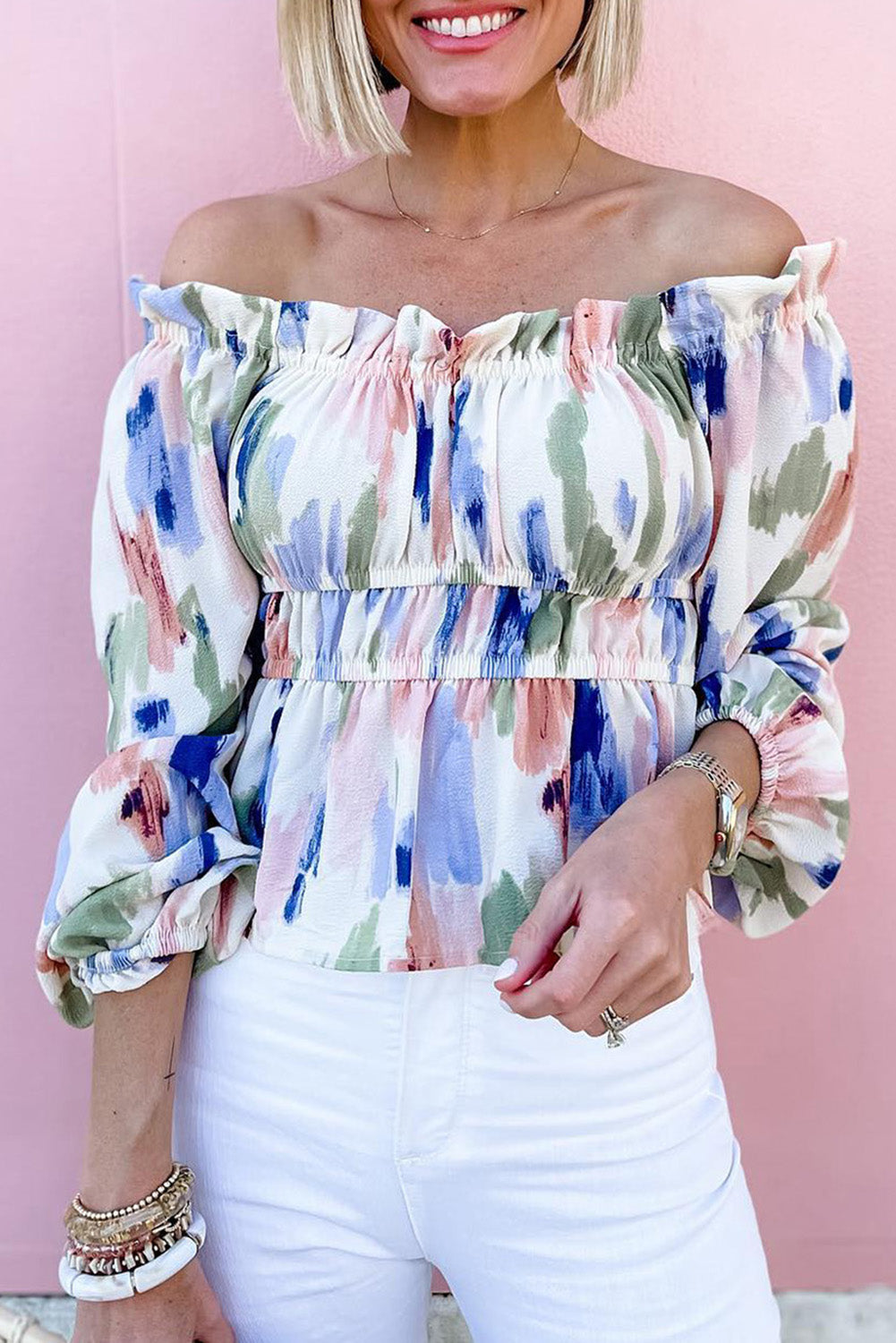 White Abstract Print Frill Off Shoulder Bubble Sleeve Blouse - LA Grand