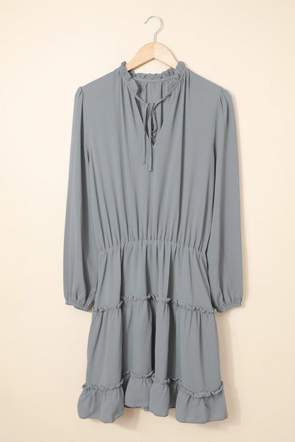 Dove Gray V-Neck Ruffle Tiered Mini Dress with Long Sleeves - LA Grand