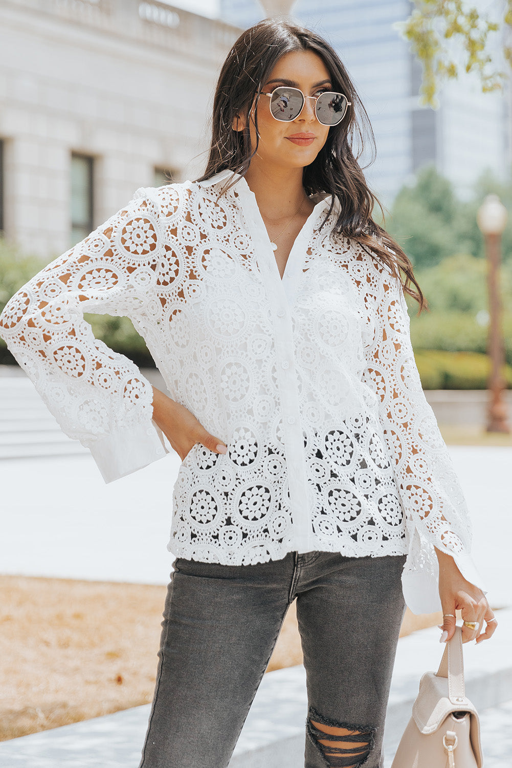 White Crochet Lace Hollow-out Turn-down Collar Shirt - LA Grand