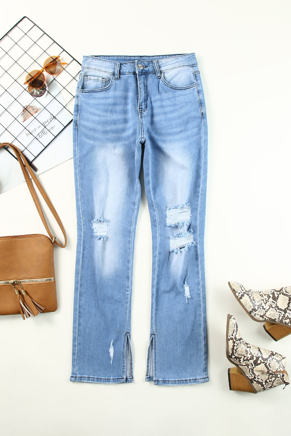 Sky Blue Side Splits Ripped Straight Leg High Waist Jeans - LA Grand