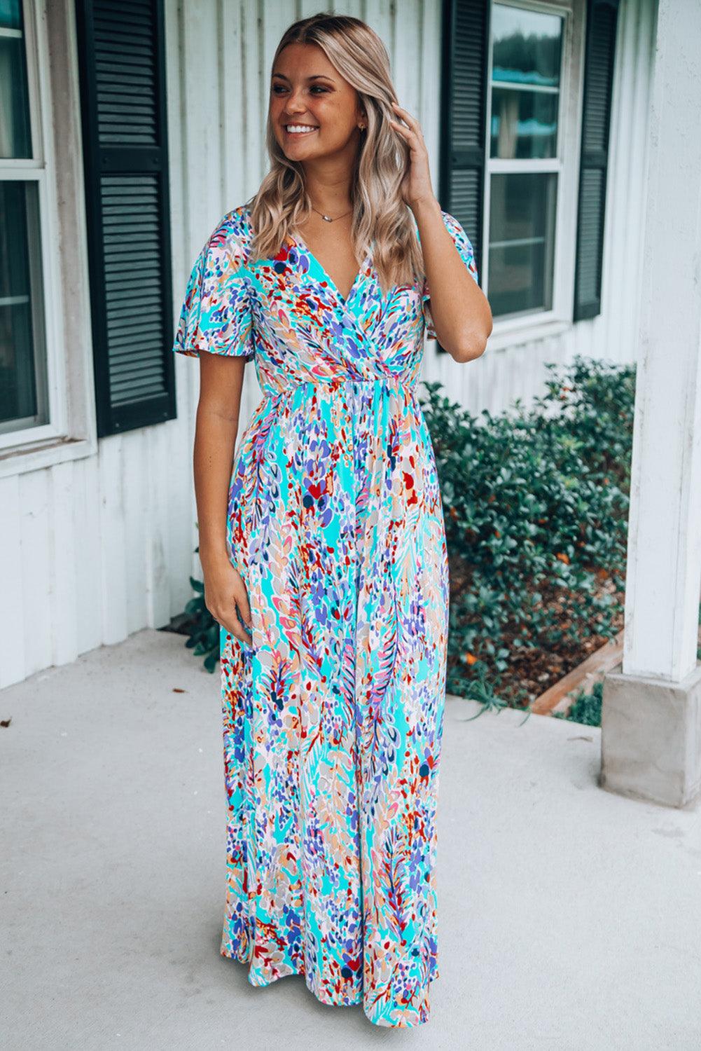 Green Wrap V Neck Floral Maxi Dress - LA Grand