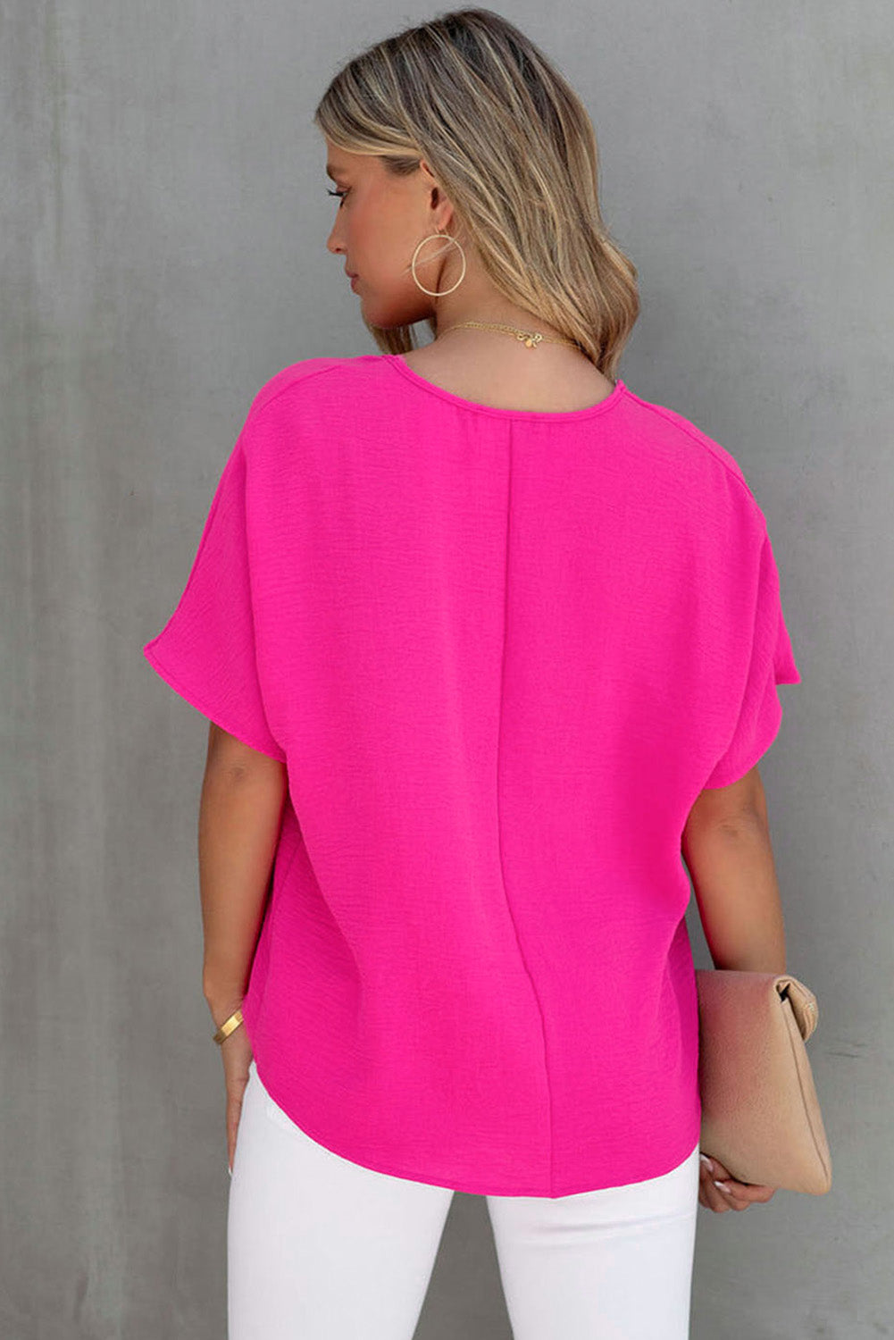 Pink Solid V Neck Short Sleeve Blouse - LA Grand