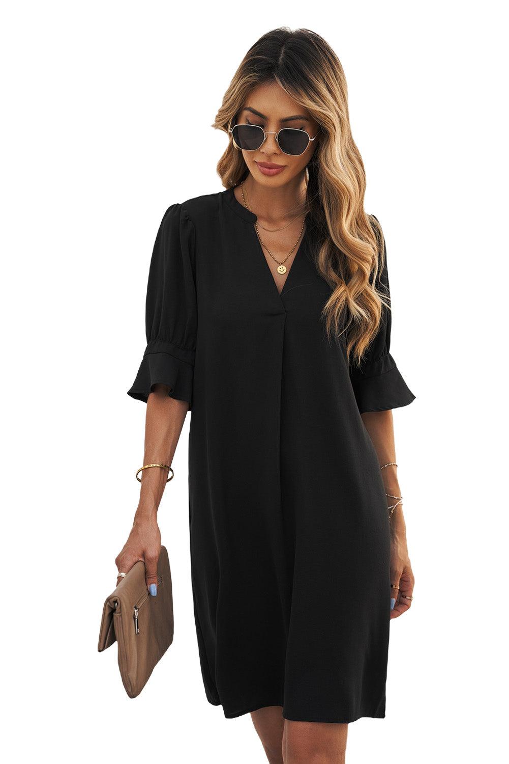 Obsidian Opulence Ruffled Sleeve Shift Dress - LA Grand