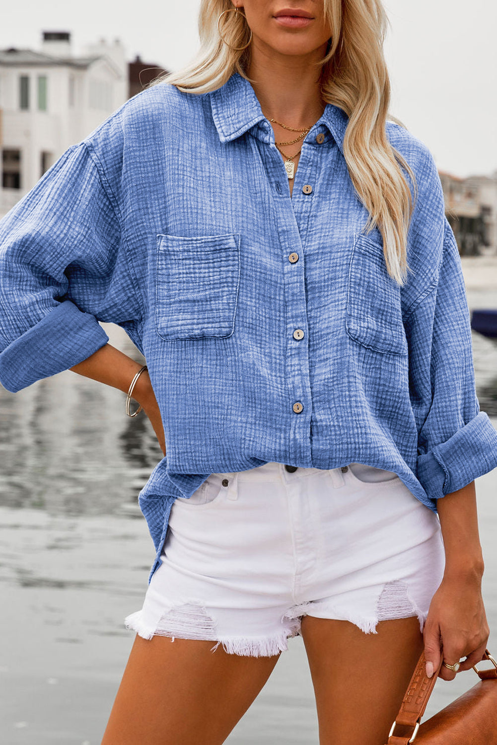 Sky Blue Mineral Wash Crinkle Textured Chest Pockets Shirt - LA Grand