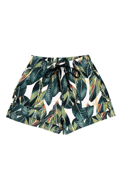 Green Leaves Print Drawstring Casual Elastic Waist Pocketed Shorts - LA Grand