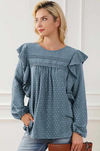 Sky Blue Lace Eyelet Ruffle Shoulder Long Sleeve Blouse - LA Grand