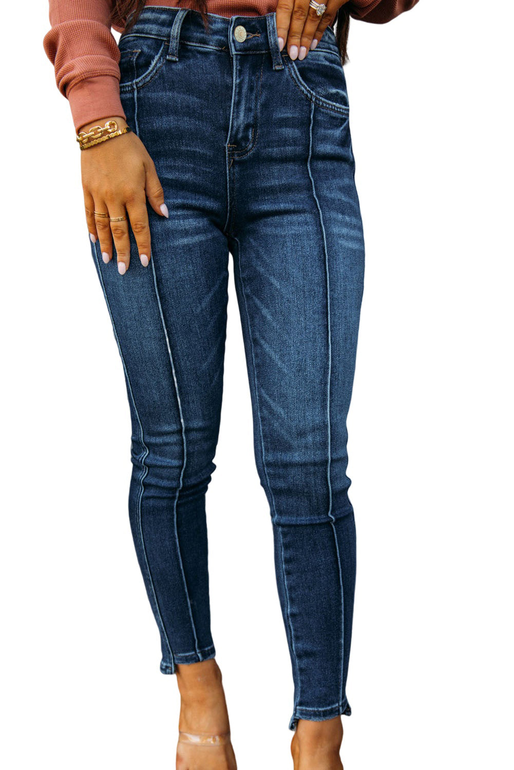 Blue Seamed High Waist Skinny Fit Jeans - LA Grand