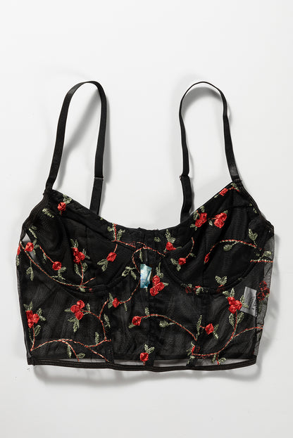 Black Floral Embroidery Mesh Bustier Bralette - LA Grand