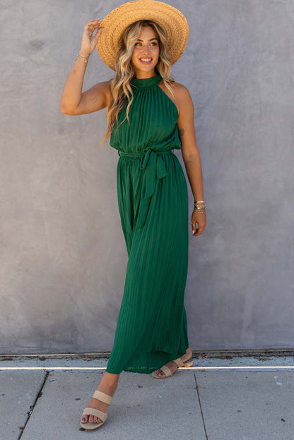 Black Halter Neck Pleated Wide Leg Jumpsuit with Belt - LA Grand