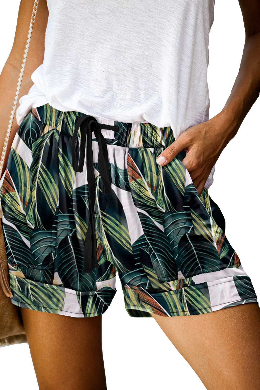 Green Leaves Print Drawstring Casual Elastic Waist Pocketed Shorts - LA Grand