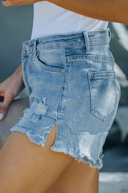 Light Blue Distressed Ripped Denim Shorts with Pockets - LA Grand