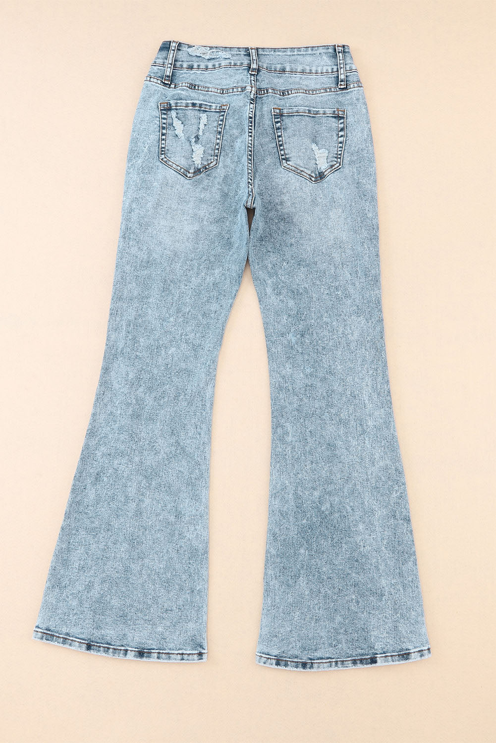 Sky Blue Subtle Ripped Detail Flare Bottom Jeans - LA Grand