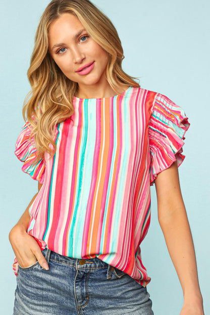 Multicolor Abstract Print Stitching Ruffle Sleeve Blouse - LA Grand