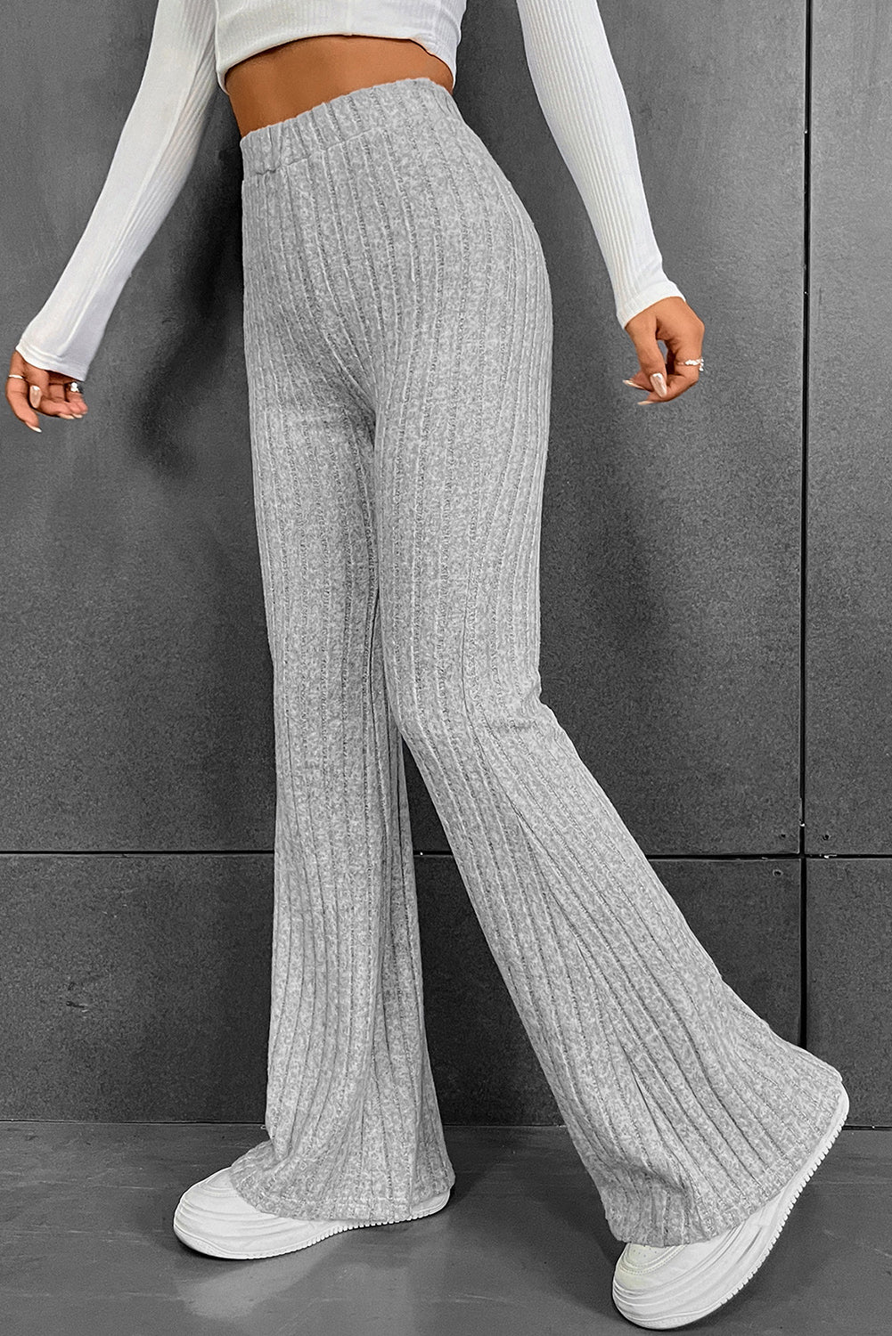 Gray Solid Color High Waist Ribbed Flare Pants - LA Grand