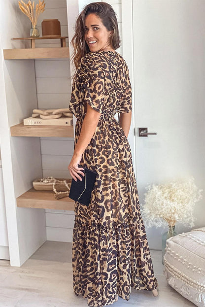 Elite Appeal: Leopard Print Drawstring V-Neck High Waist Long Dress - LA Grand