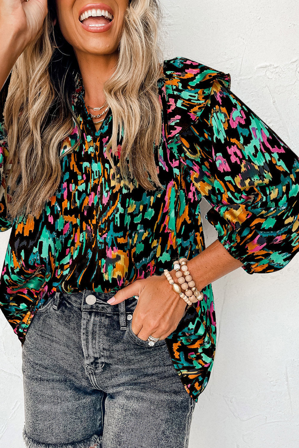 Multicolour Abstract Print 3/4 Puff Sleeve Ruffle Blouse - LA Grand